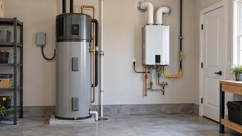 Heat pump and tankless water heaters in a utility room