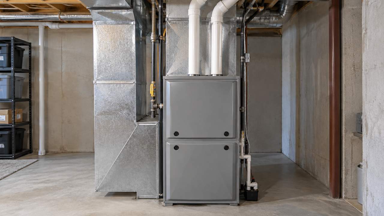 Condensing furnace with dedicated vent pipes in a utility room