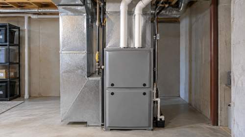 Condensing furnace with dedicated vent pipes in a utility room
