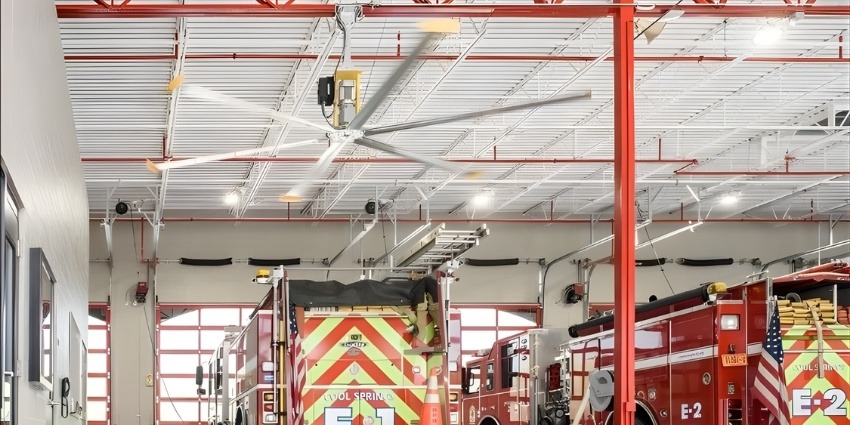 Firehouse interior with HVLS ceiling fan providing efficient air circulation – HVACDirect.com HVLS Fan Sizing Guide
