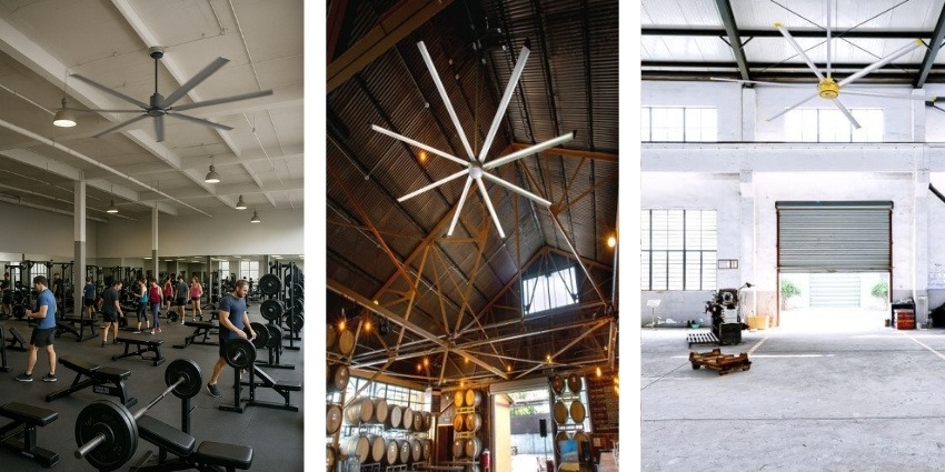 Different commercial and industrial spaces showing HVLS fan applications – HVACDirect.com HVLS Fan Sizing Guide