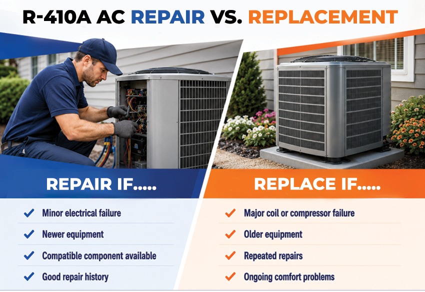 R-410A AC repair versus replacement guide comparing system age, failures, repair history, and comfort problems