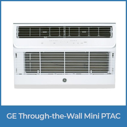 GE through-the-wall mini PTAC air conditioner with front grille and digital controls for compact room comfort.