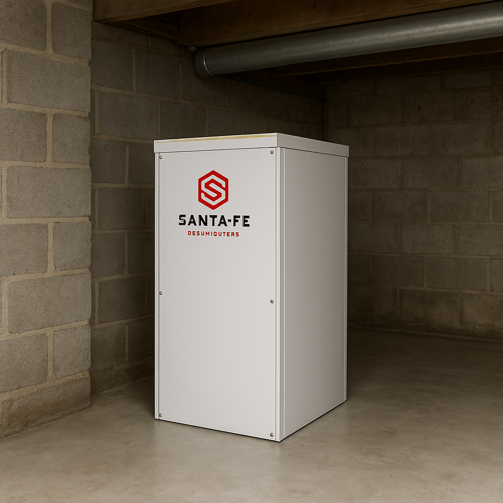 Santa Fe Classic dehumidifier in finished basement corner