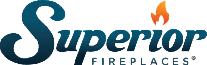 Superior Fireplaces logo featuring blue lettering and flame icon