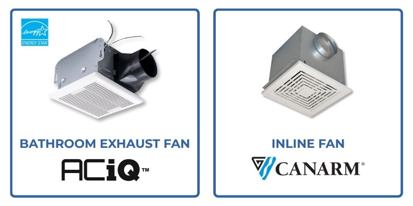 ACiQ bathroom exhaust fan and Canarm inline fan for targeted moisture removal and airflow distribution