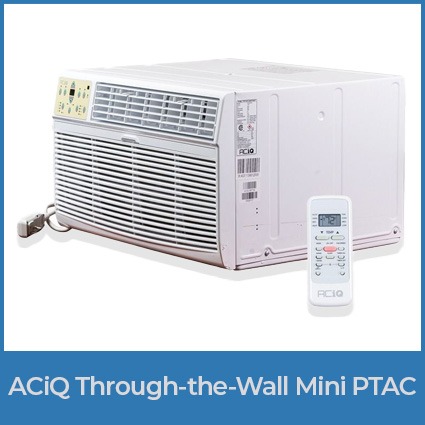 ACiQ through-the-wall mini PTAC air conditioner with remote control for compact room heating and cooling.