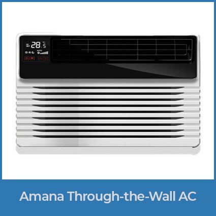 Amana through-the-wall air conditioner with digital display and front grille for room cooling.