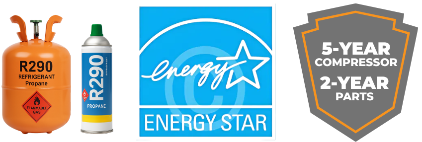 Atosa refrigeration badge showing refrigerant, Energy Star, and warranty
