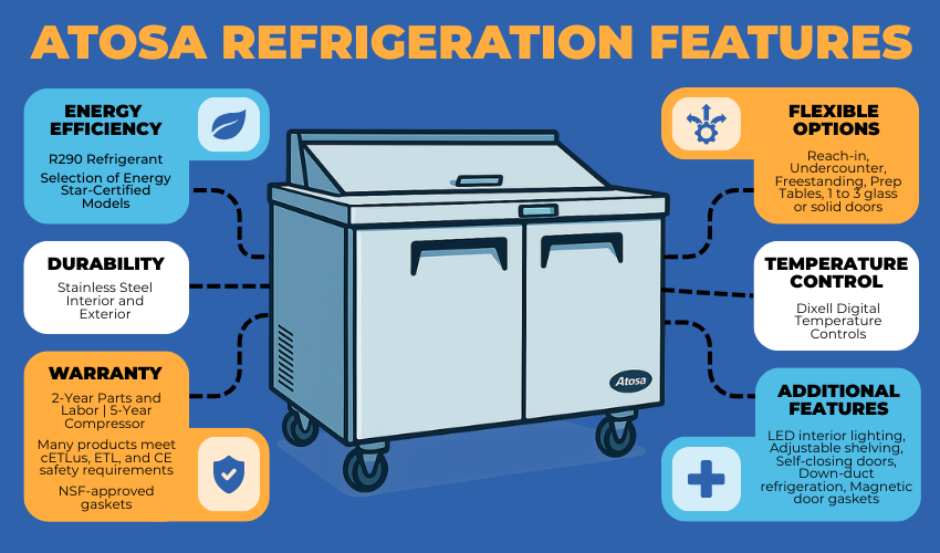Atosa commercial refrigeration features including reach-ins and prep tables