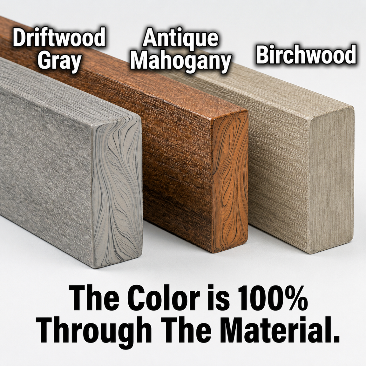Driftwood Gray, Antique Mahogany, and Birchwood Infinity Living poly lumber samples showing color throughout the material.