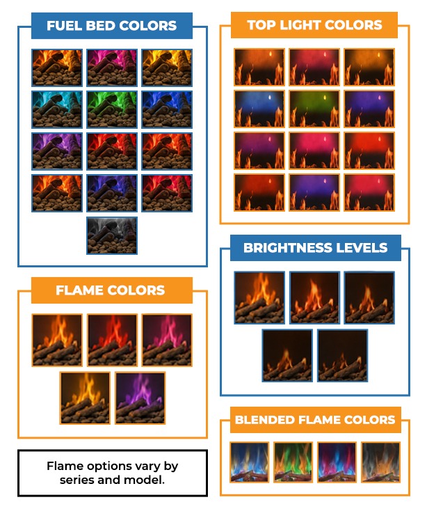 Buck Stove electric fireplace flame, fuel bed, top light, brightness, and blended flame color options