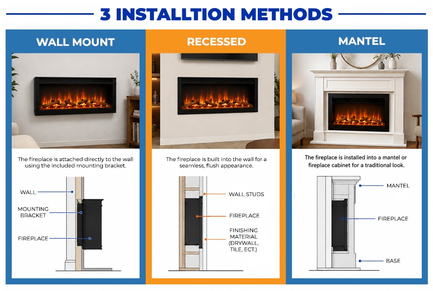 Three Buck Stove electric fireplace installation methods including wall mount, recessed, and mantel installation