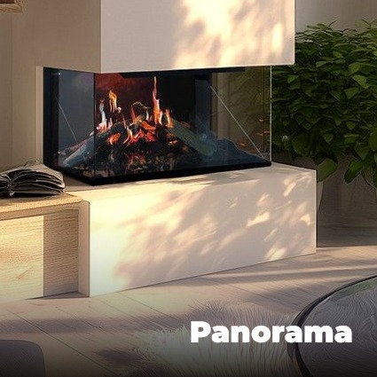 Buck Stove Panorama three-sided electric fireplace installed in a modern living space