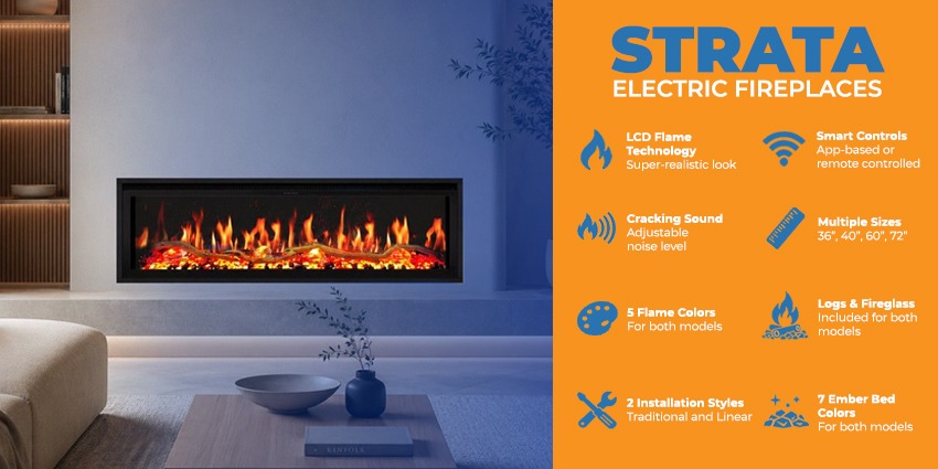 Buck Stove Strata electric fireplace infographic highlighting LCD flame technology, smart controls, sizes, and ember bed colors