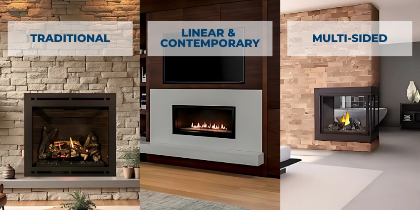 Gas direct vent fireplaces: traditional, linear, contemporary, and multi-sided models
