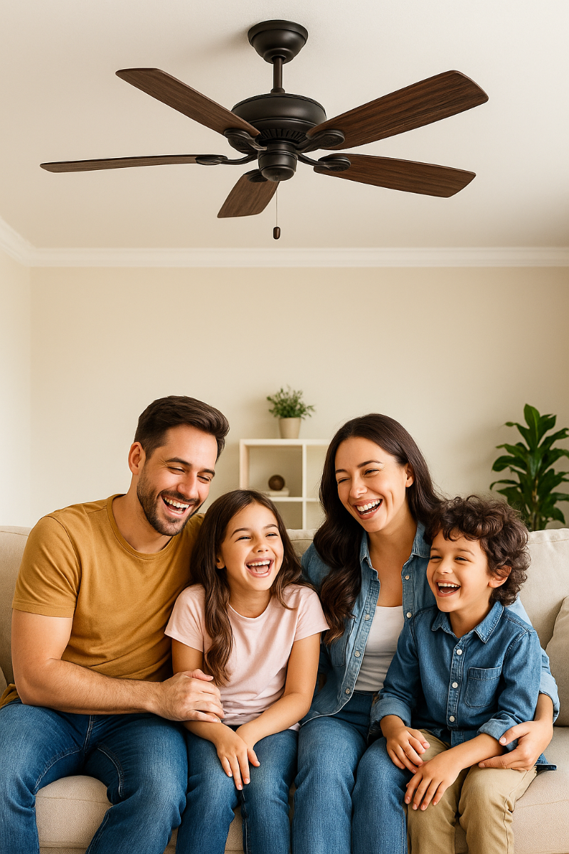 Happy family enjoying comfortable indoor air quality with energy-efficient home ventilation