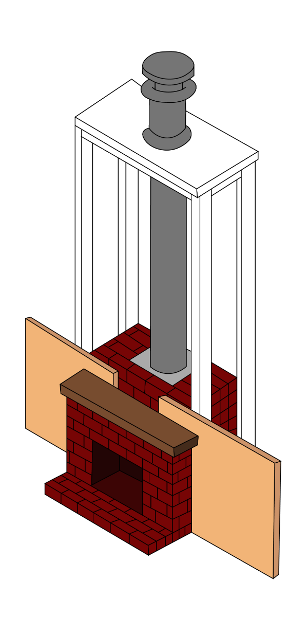 Fireplace chimney diagram showing flue, damper, and air intake for wood burning fireplace