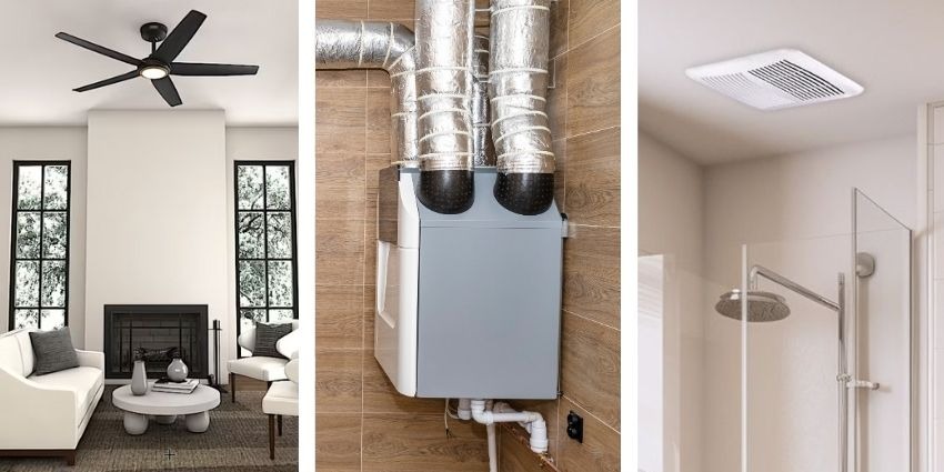Energy-efficient home ventilation system components including ceiling fans, exhaust fans, ERVs, and HRVs working together