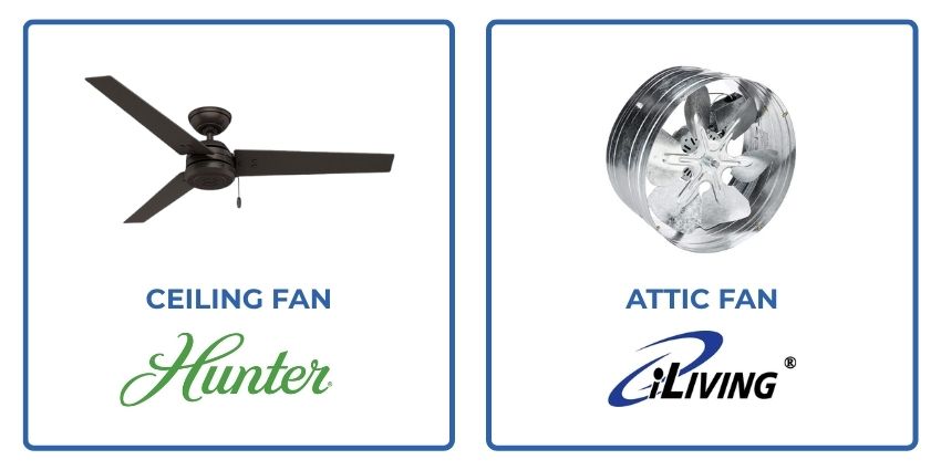 Hunter ceiling fan and iLiving attic fan for improved home air circulation and energy efficiency