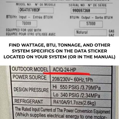 HVAC data sticker showing model and system info