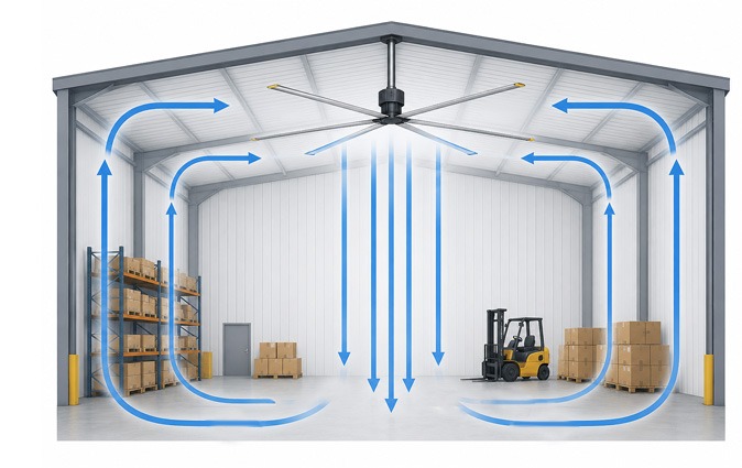 Illustrated warehouse airflow diagram showing how an HVLS ceiling fan pushes air downward and circulates it throughout a large industrial space for improved ventilation and comfort.