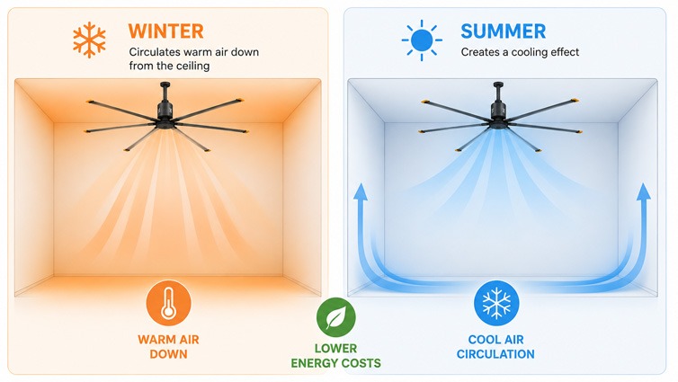Split infographic showing how HVLS fans circulate warm air downward in winter and create a cooling effect during summer to improve energy efficiency year-round.