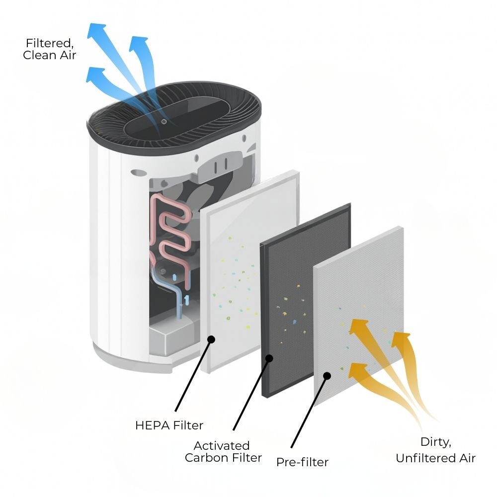 Air purifier diagram showing airflow and filtration process