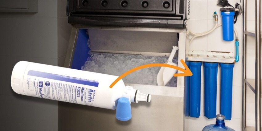 Close-up of a commercial ice machine water filter used to prevent scale buildup and contamination