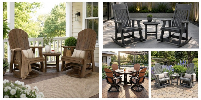 Collage of Infinity Living rockers, gliders, dining furniture, and outdoor seating sets in patio and porch settings