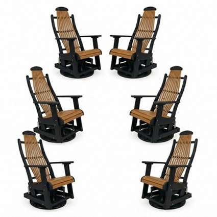 Six coordinating Infinity Living two-tone swivel glider chairs arranged as an outdoor seating set