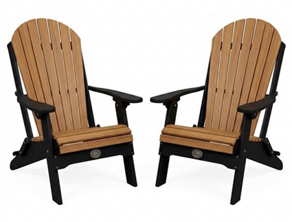 Pair of Infinity Living Adirondack chairs with cedar-colored seats and backs and contrasting black frames