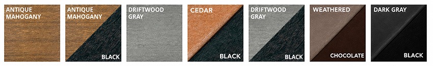 Infinity Living poly lumber samples in antique mahogany, driftwood gray, cedar, weathered wood, chocolate, and black finishes