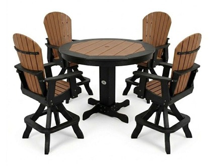 Infinity Living round pub table with four coordinating bar-height swivel chairs in cedar and black