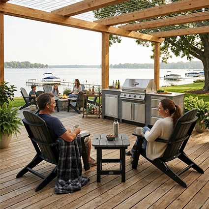 Family relaxing in Infinity Living Adirondack chairs beside an outdoor kitchen on a lakeside deck