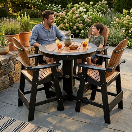 Adult and child seated in the rear chairs of an Infinity Living bar-height pub set in a landscaped garden