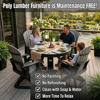 Family dining outdoors on Infinity Living poly lumber furniture with maintenance benefits including no painting or refinishing