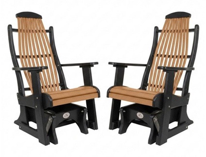Pair of tall-back Infinity Living outdoor rockers with cedar-colored slats and black poly lumber frames