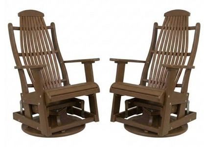 Pair of brown Infinity Living poly lumber swivel glider chairs displayed against a white background