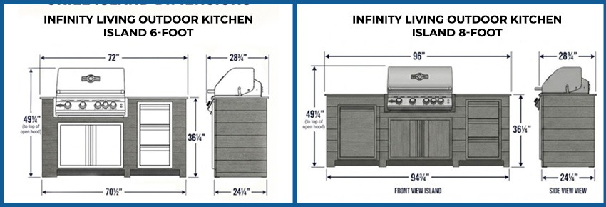 Dimension comparison of the 6-foot and 8-foot Infinity Living outdoor kitchen islands.