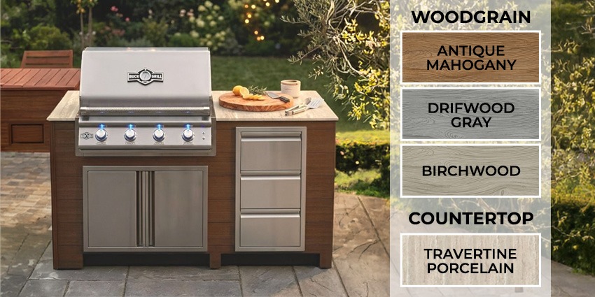 Infinity Living outdoor kitchen island shown with Antique Mahogany, Driftwood Gray, and Birchwood woodgrain finishes and a travertine porcelain countertop.