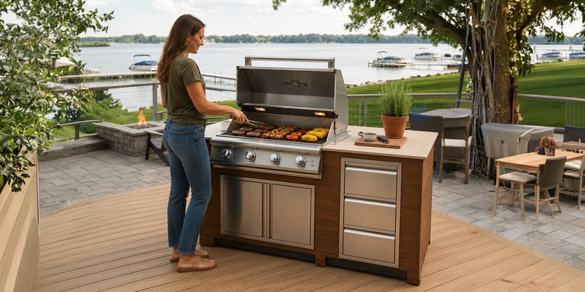 Woman cooking on an Infinity Living outdoor kitchen island with a built-in four-burner Buck Grill and storage drawers.