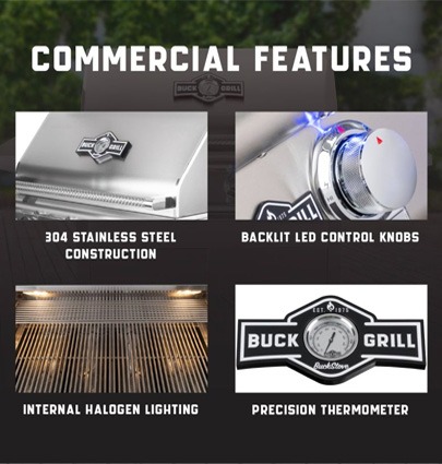 Buck Grill features including 304 stainless steel construction, backlit control knobs, interior halogen lighting, and a precision thermometer.