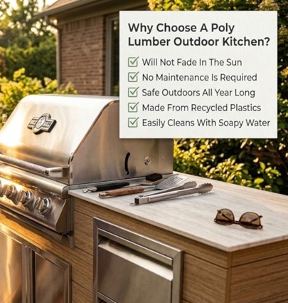 Infinity Living outdoor kitchen with a list of poly lumber benefits, including low maintenance, recycled materials, and year-round outdoor durability.