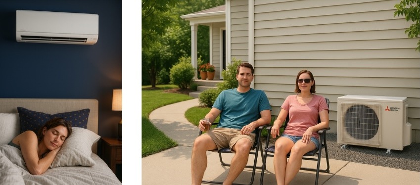 Person sleeping in a bedroom beneath a wall-mounted mini split air handler; couple sitting outside with an outdoor condenser in the background