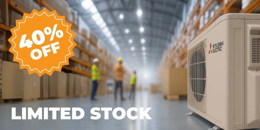 Mitsubishi hm series mini split in a warehouse with text 