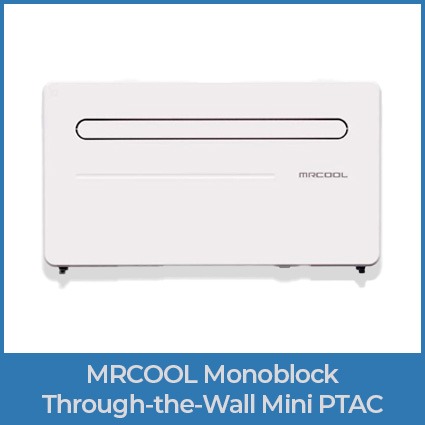 MRCOOL monoblock through-the-wall mini PTAC unit with a slim white design for efficient room heating and cooling.
