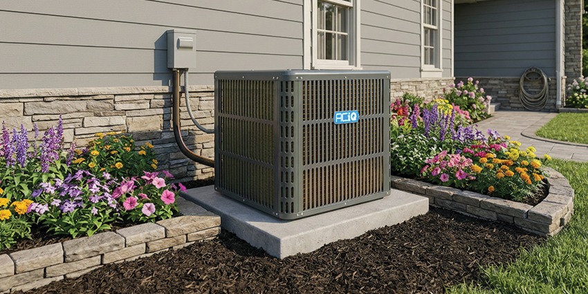 R-410A outdoor air conditioner installed beside a home and landscaped flower bed