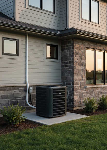 Outdoor air conditioner condenser installed beside a residential home