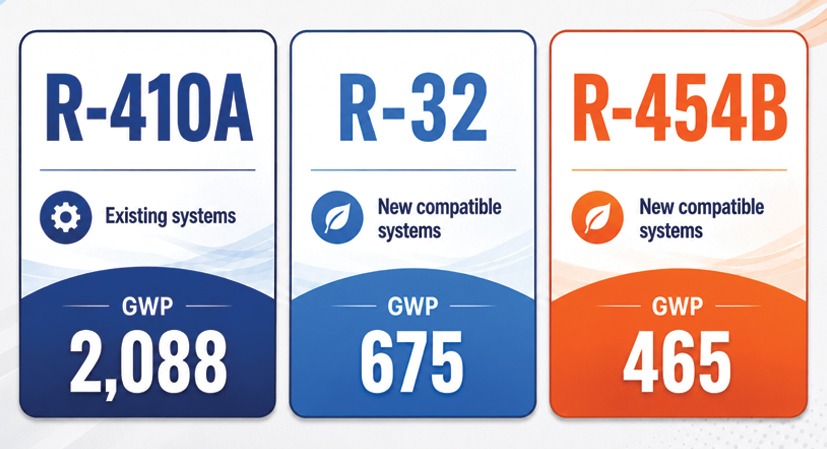 Comparison of R-410A, R-32, and R-454B refrigerants by system use and global warming potential
